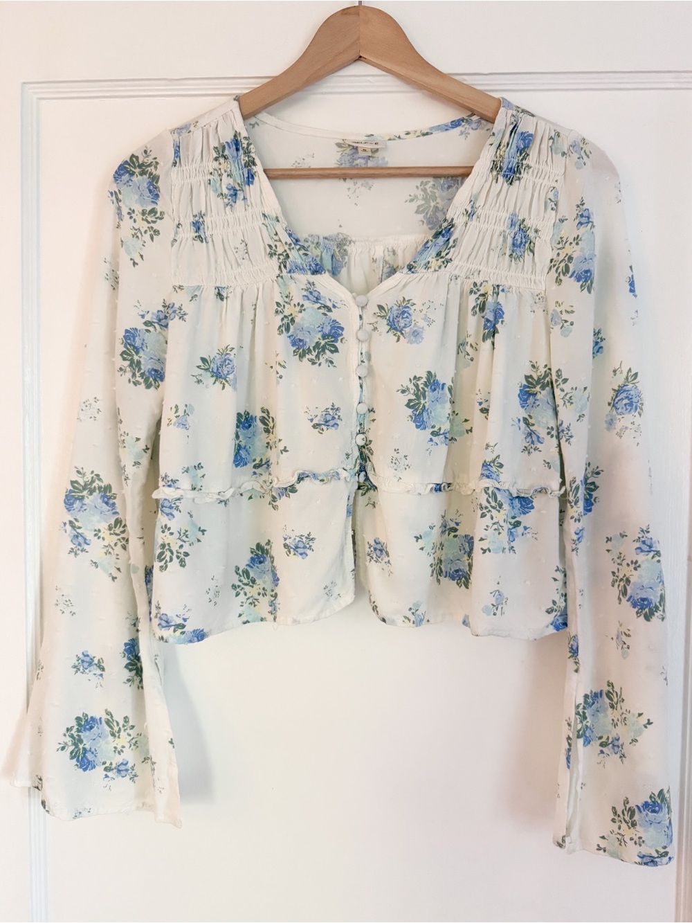 Floral White Blue Crop Blouse with Bell Sleeves
